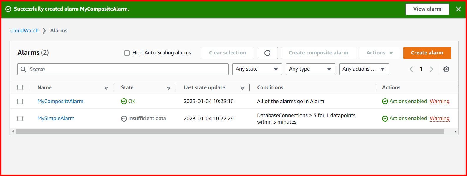 Picture showing the composite alarm created in AWS console